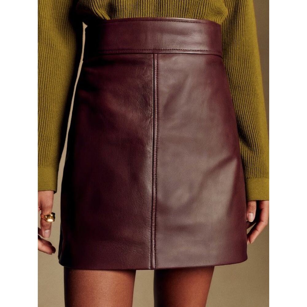 Sezane Burgundy Smooth Leather A Line Neli Mini Skirt - FR 42 US 10 $235